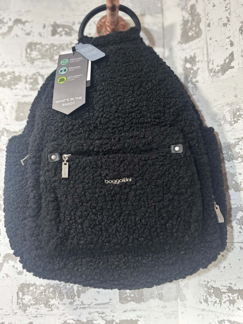 NWT Baggallini All Day Backpack in Black Faux Shearling
